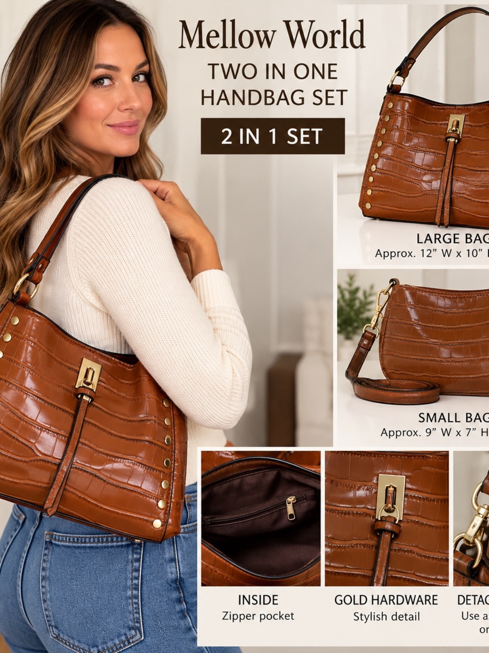 Mellow World Croc-Embossed Tan 2-in-1 Shoulder Bag Set